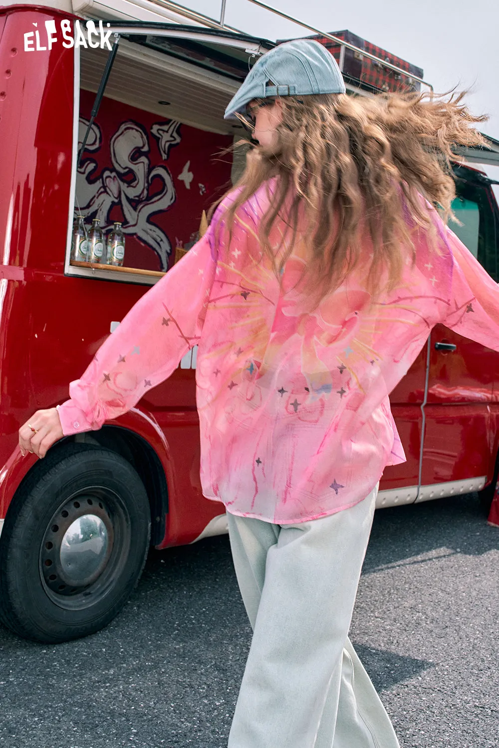 2024 Summer ELFSACK New Arrivals Pink gradient sweet print high-end loose slim temperament shirt for women