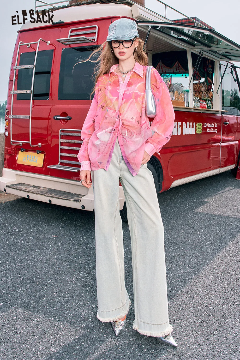 2024 Summer ELFSACK New Arrivals Pink gradient sweet print high-end loose slim temperament shirt for women