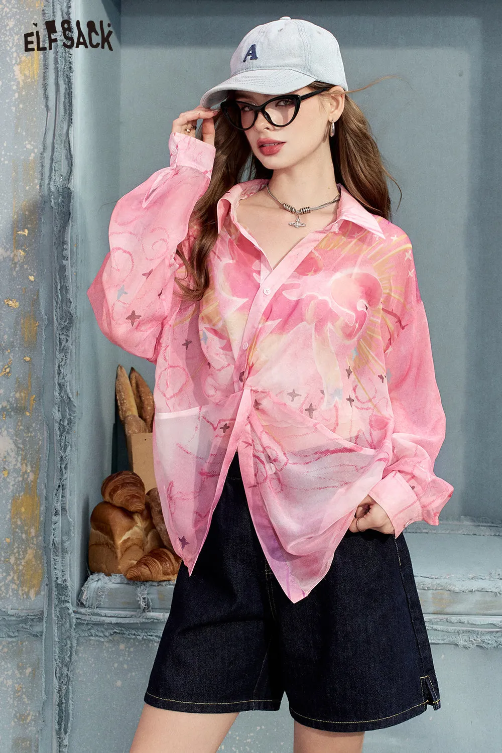 2024 Summer ELFSACK New Arrivals Pink gradient sweet print high-end loose slim temperament shirt for women