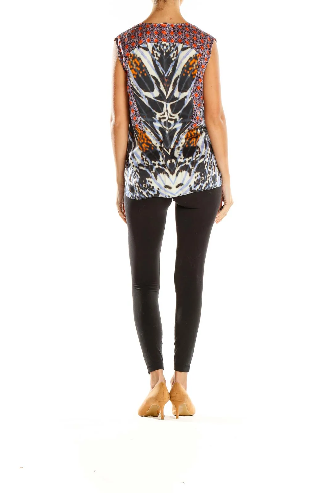 Black and Orange Abstract Print Silk Top