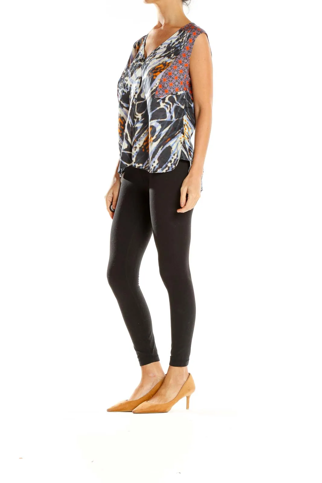 Black and Orange Abstract Print Silk Top