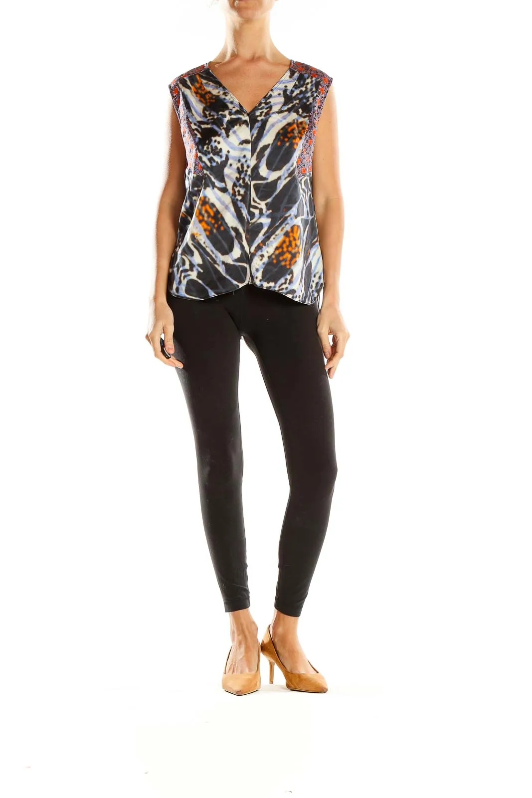 Black and Orange Abstract Print Silk Top