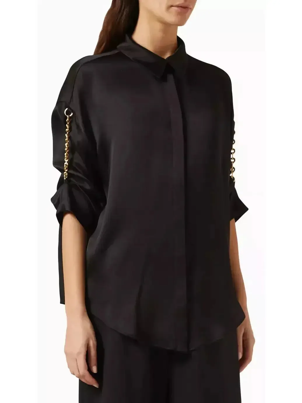 Chain-Sleeve Satin Shirt, Black
