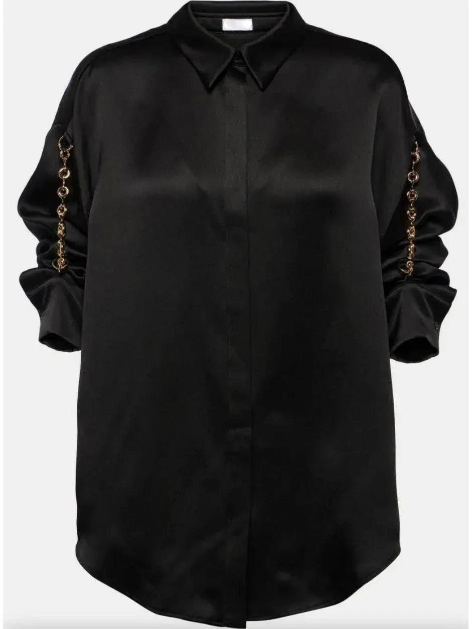 Chain-Sleeve Satin Shirt, Black
