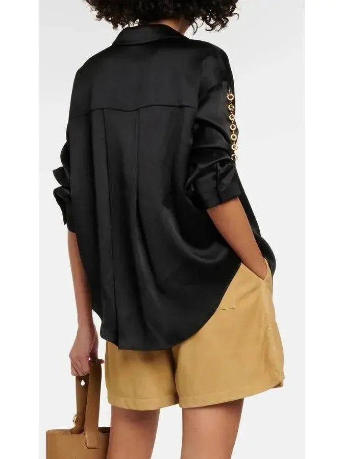 Chain-Sleeve Satin Shirt, Black