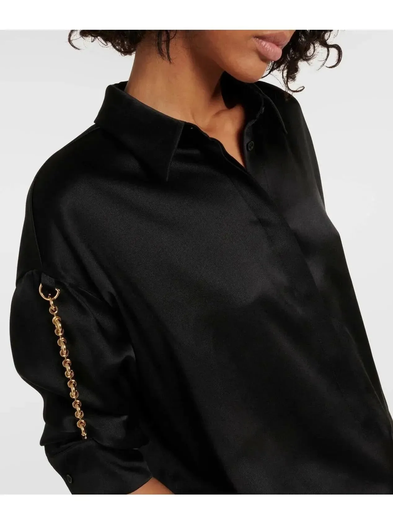 Chain-Sleeve Satin Shirt, Black