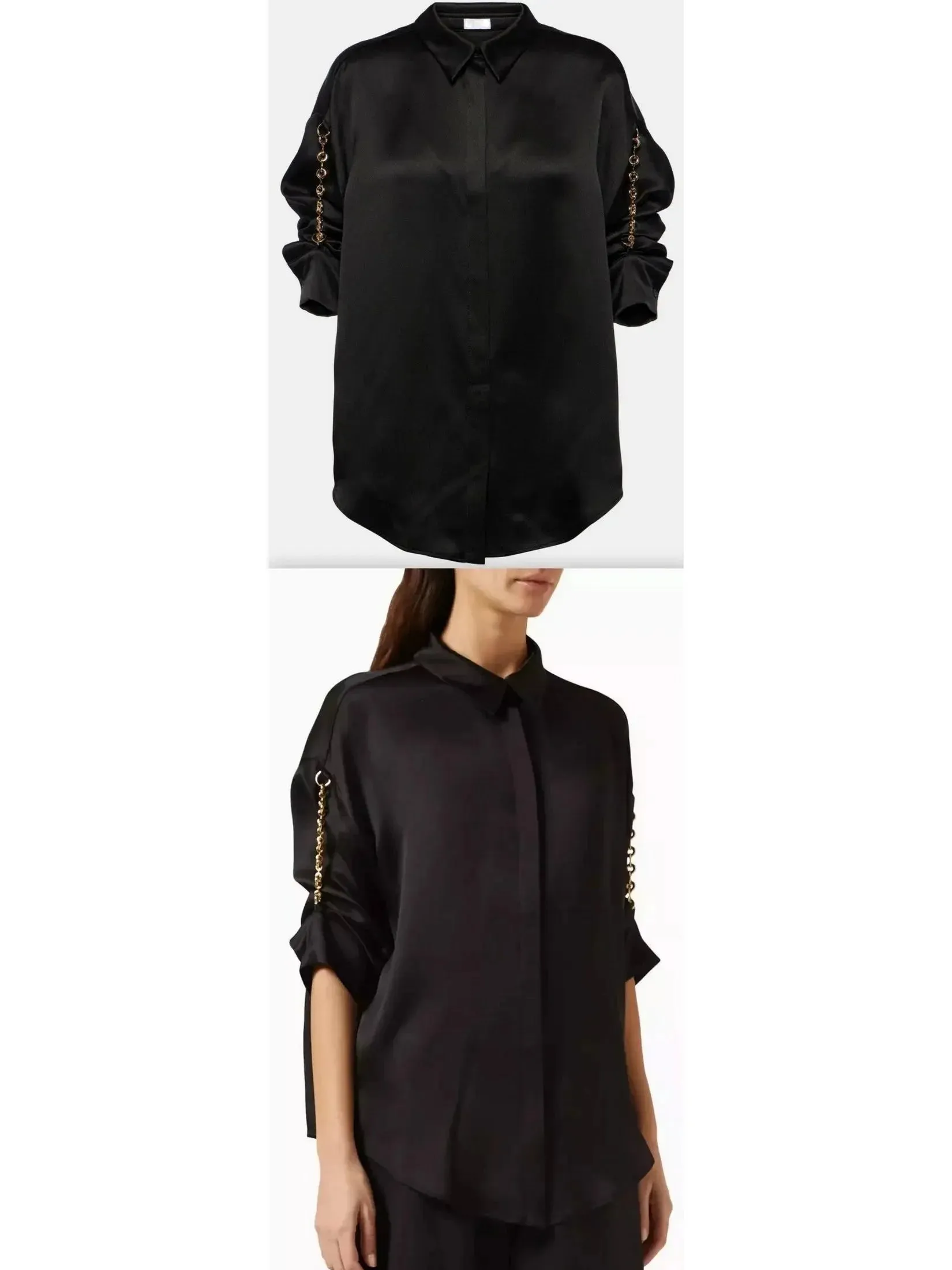 Chain-Sleeve Satin Shirt, Black