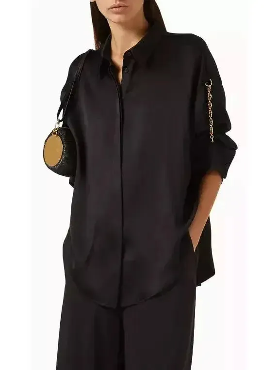 Chain-Sleeve Satin Shirt, Black