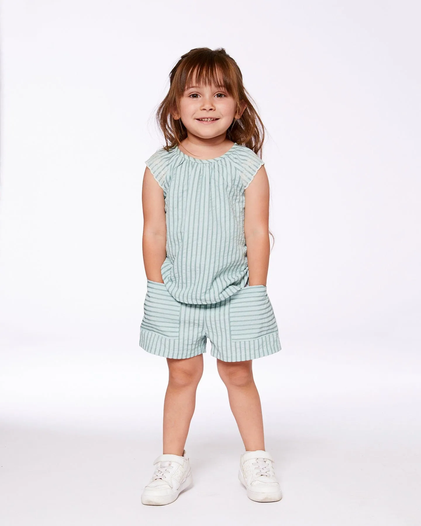 Chambray Blouse And Short Set Mint Green Striped