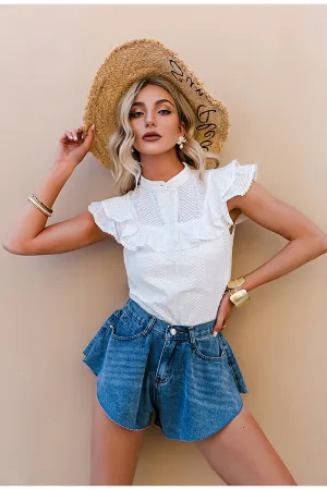 Elegant ruffled lace women blouse spring Embroidery button band collar shirt summer top