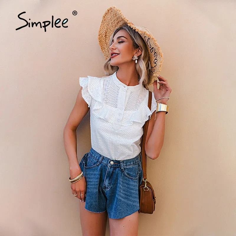 Elegant ruffled lace women blouse spring Embroidery button band collar shirt summer top