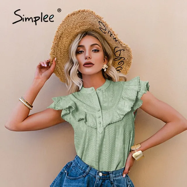 Elegant ruffled lace women blouse spring Embroidery button band collar shirt summer top