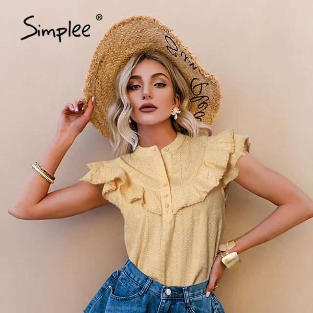 Elegant ruffled lace women blouse spring Embroidery button band collar shirt summer top