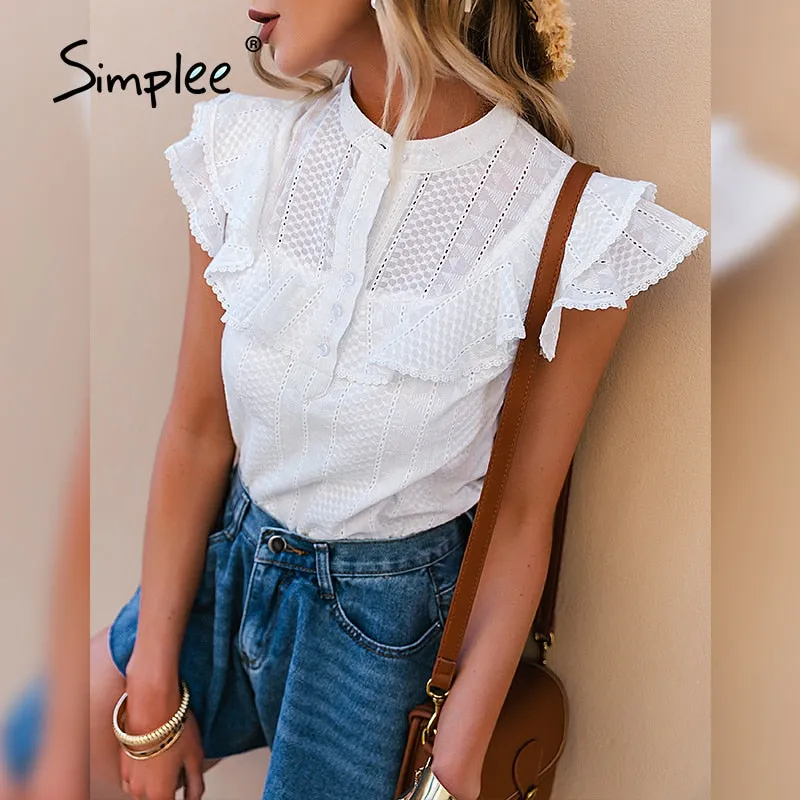 Elegant ruffled lace women blouse spring Embroidery button band collar shirt summer top