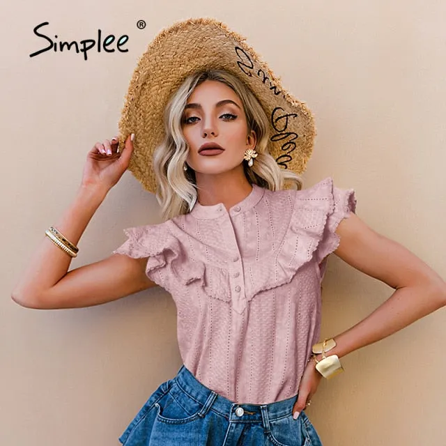 Elegant ruffled lace women blouse spring Embroidery button band collar shirt summer top
