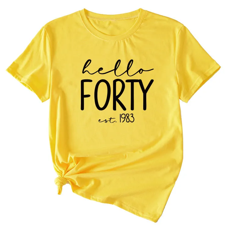 English Letter Hello Forest Est 1983 Round Neck Short Sleeve T-shirt