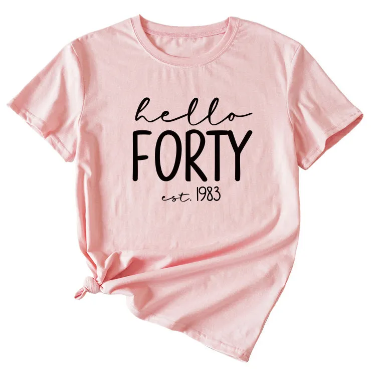 English Letter Hello Forest Est 1983 Round Neck Short Sleeve T-shirt