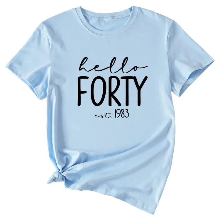 English Letter Hello Forest Est 1983 Round Neck Short Sleeve T-shirt