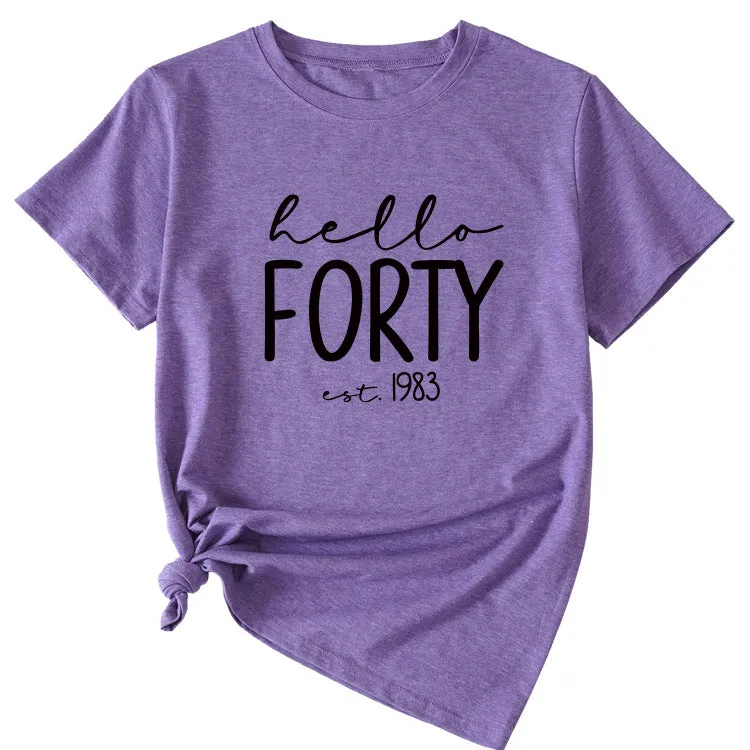 English Letter Hello Forest Est 1983 Round Neck Short Sleeve T-shirt