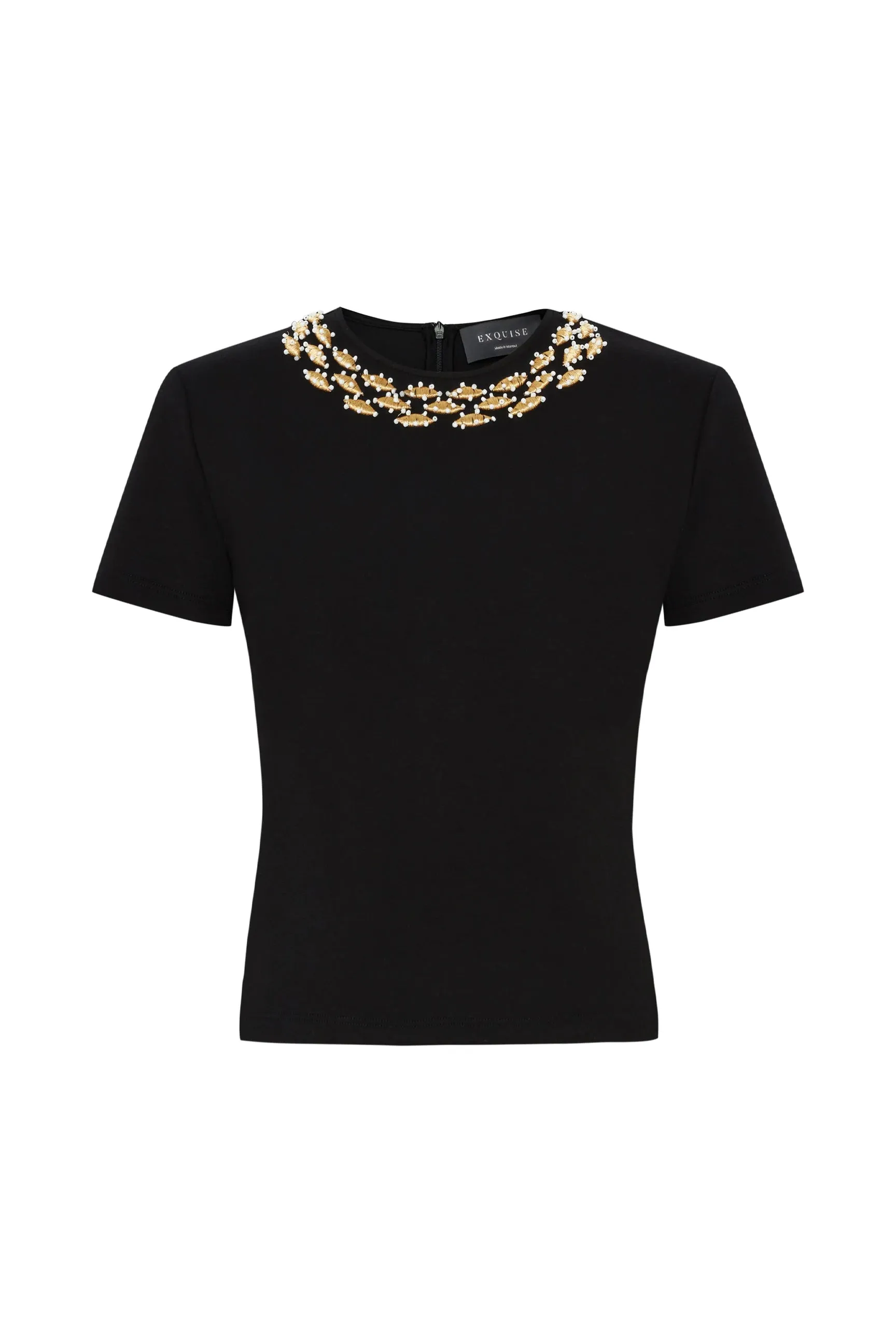 Exquise Abril T-Shirt With Beaded Embellished Neckline