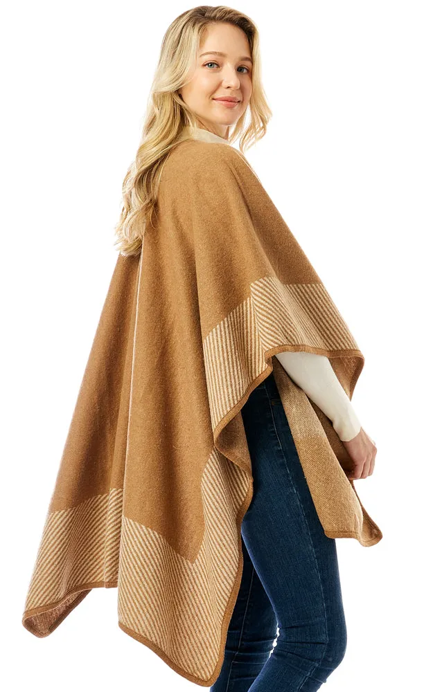 LOF1305 Vertical Striped Edge Ruana Cape w/Toggle Button