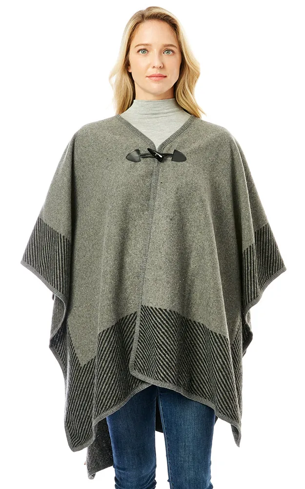 LOF1305 Vertical Striped Edge Ruana Cape w/Toggle Button