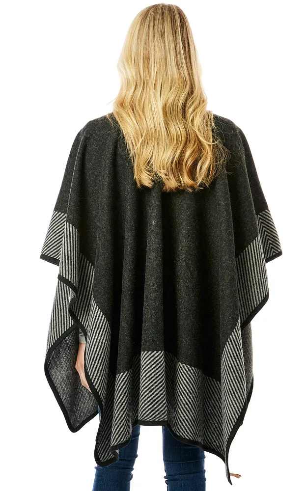LOF1305 Vertical Striped Edge Ruana Cape w/Toggle Button