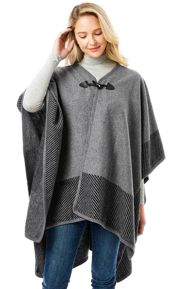 LOF1305 Vertical Striped Edge Ruana Cape w/Toggle Button