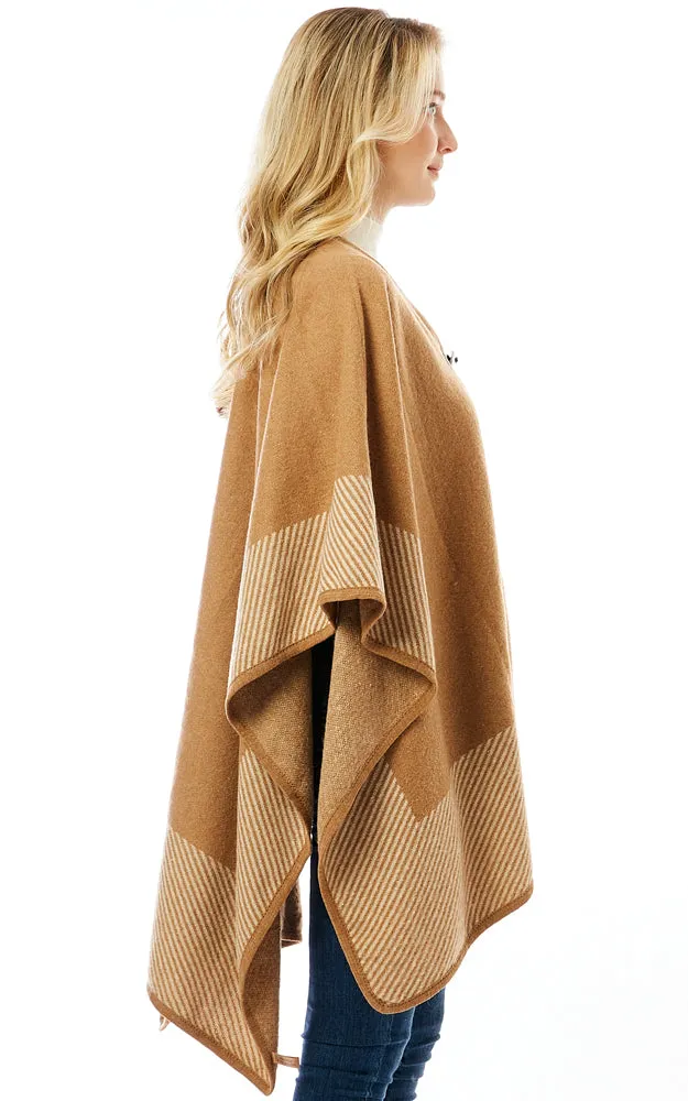 LOF1305 Vertical Striped Edge Ruana Cape w/Toggle Button