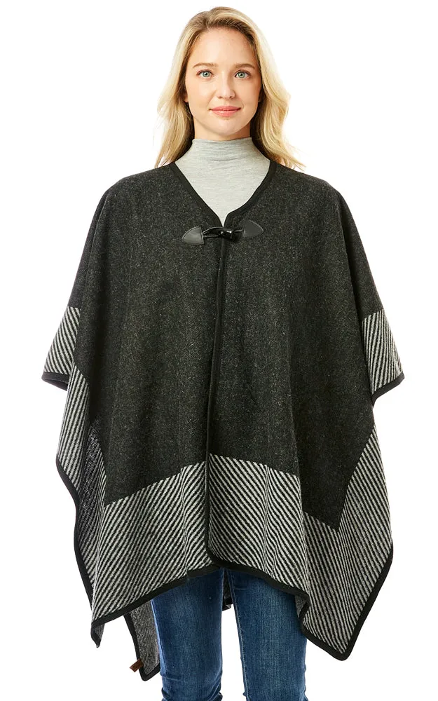 LOF1305 Vertical Striped Edge Ruana Cape w/Toggle Button