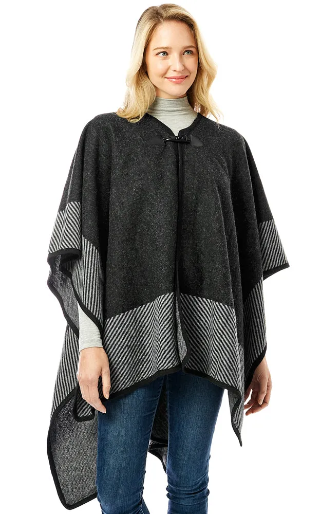 LOF1305 Vertical Striped Edge Ruana Cape w/Toggle Button