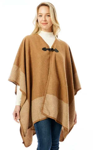 LOF1305 Vertical Striped Edge Ruana Cape w/Toggle Button