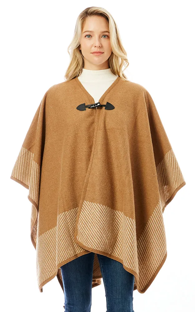 LOF1305 Vertical Striped Edge Ruana Cape w/Toggle Button