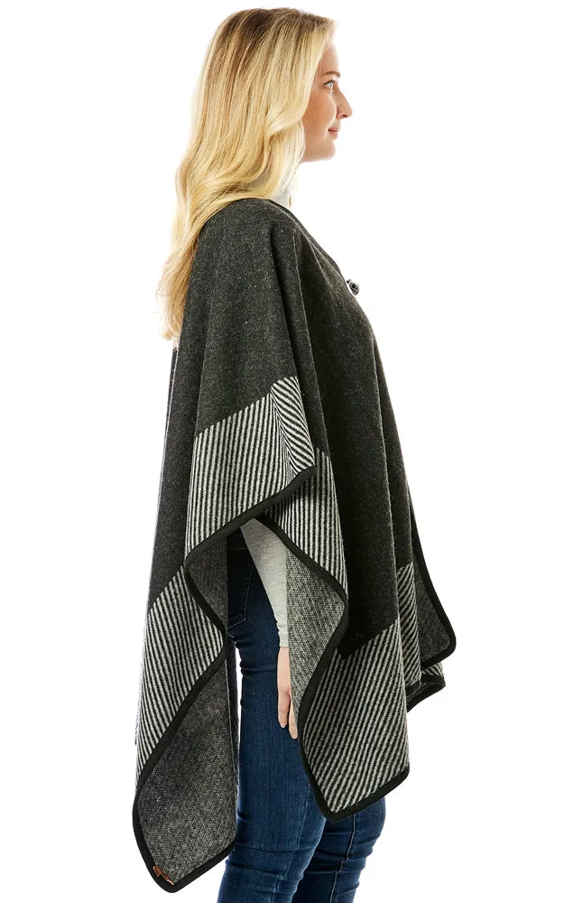 LOF1305 Vertical Striped Edge Ruana Cape w/Toggle Button