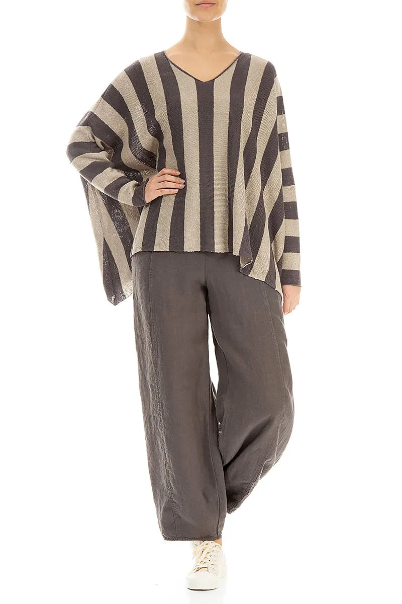 Loose V-Neck Striped Brown Linen Jumper