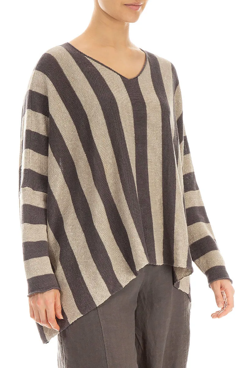 Loose V-Neck Striped Brown Linen Jumper