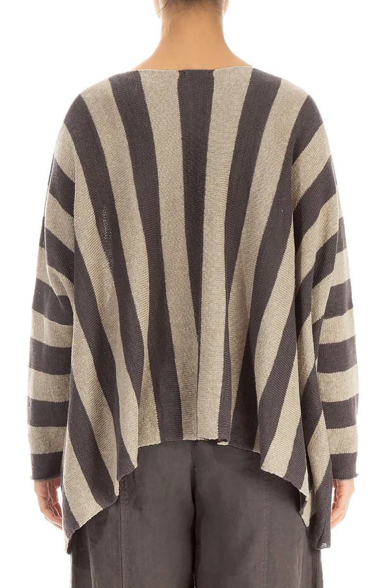 Loose V-Neck Striped Brown Linen Jumper