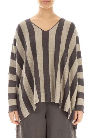 Loose V-Neck Striped Brown Linen Jumper