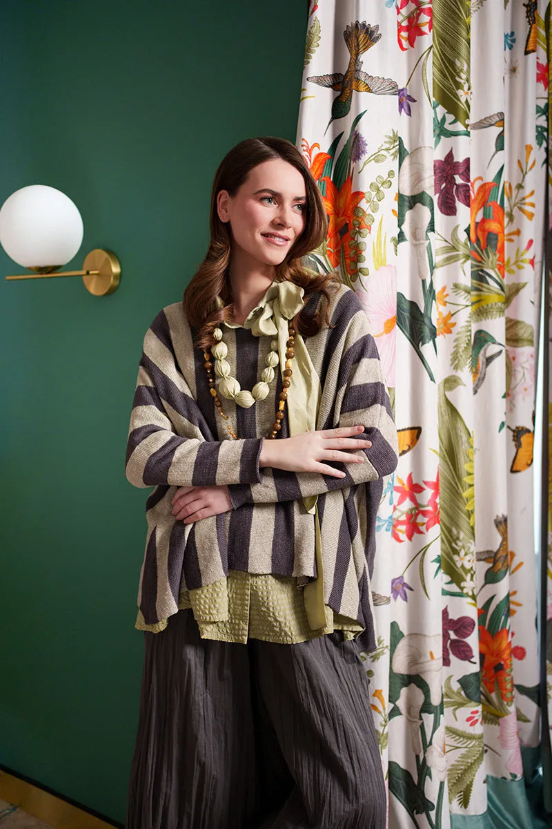 Loose V-Neck Striped Brown Linen Jumper