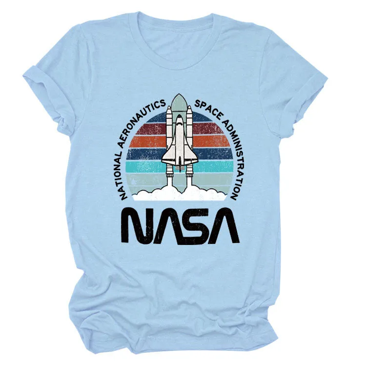 NATIONAL AERONAUTICS Summer New Letter Rocket Printing Short Sleeve T-shirt Female