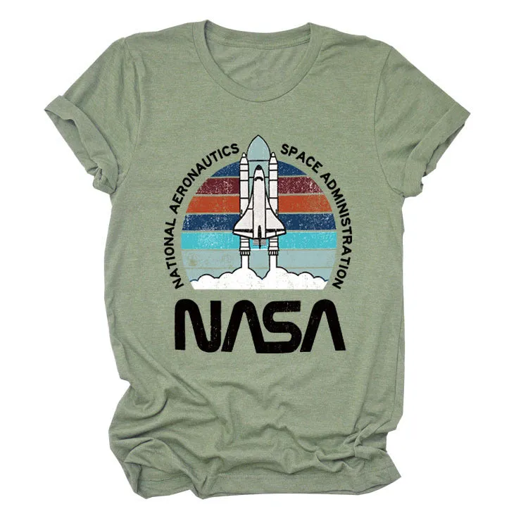 NATIONAL AERONAUTICS Summer New Letter Rocket Printing Short Sleeve T-shirt Female