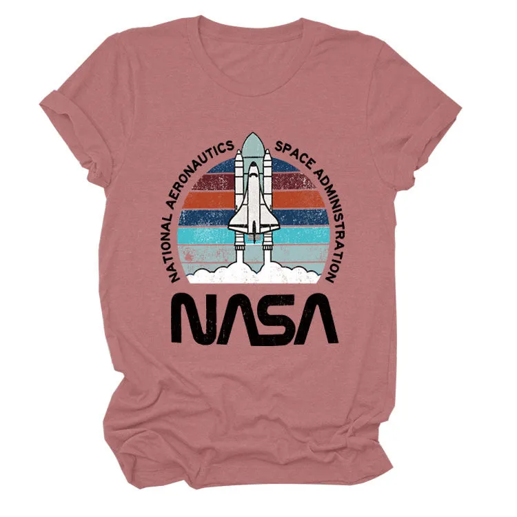 NATIONAL AERONAUTICS Summer New Letter Rocket Printing Short Sleeve T-shirt Female