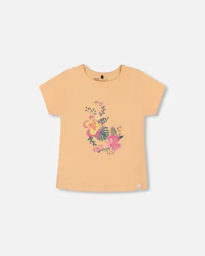 Organic Cotton Tee Light Orange And Flowers