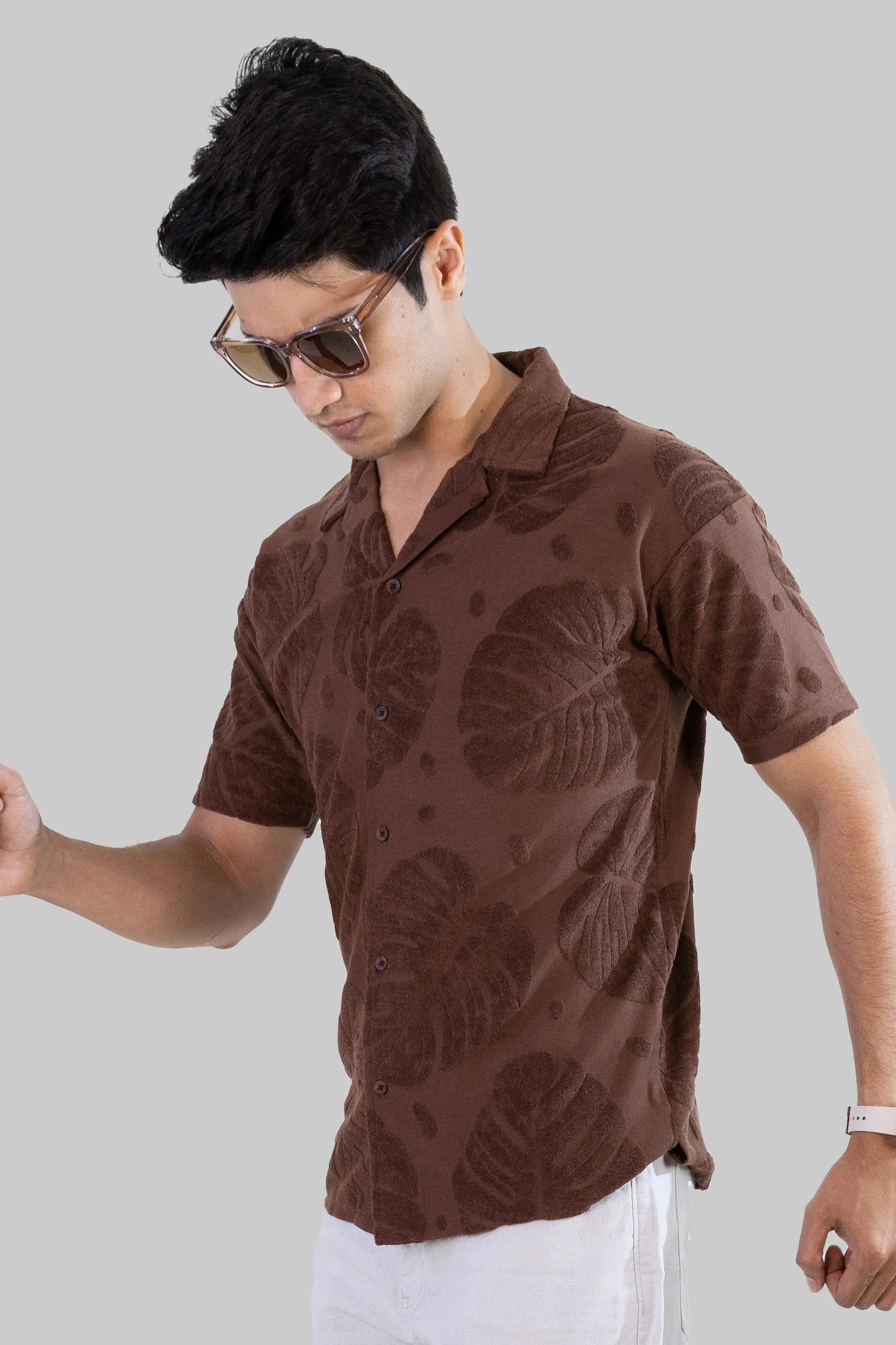 Palm Haven Cuban Collar Shirt - Brown