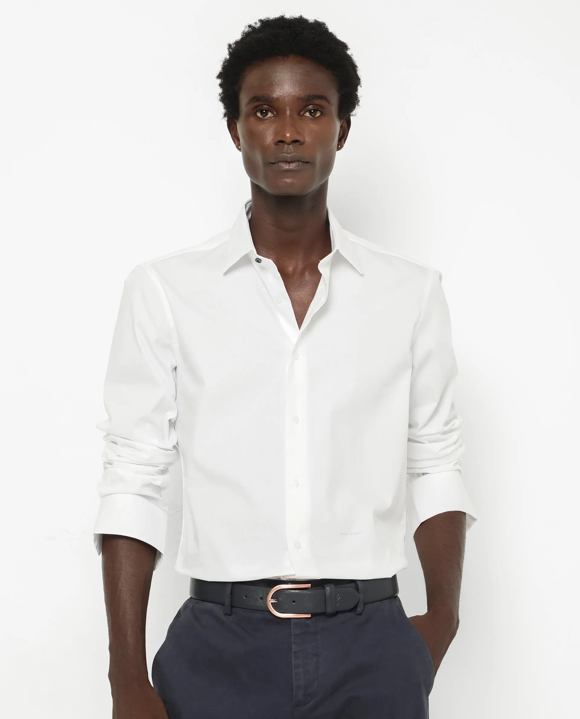 Rare Rabbit Men's Benedict White Cotton Poly Elastane Blend Fabric Full Sleeve Solid Formal Shirt