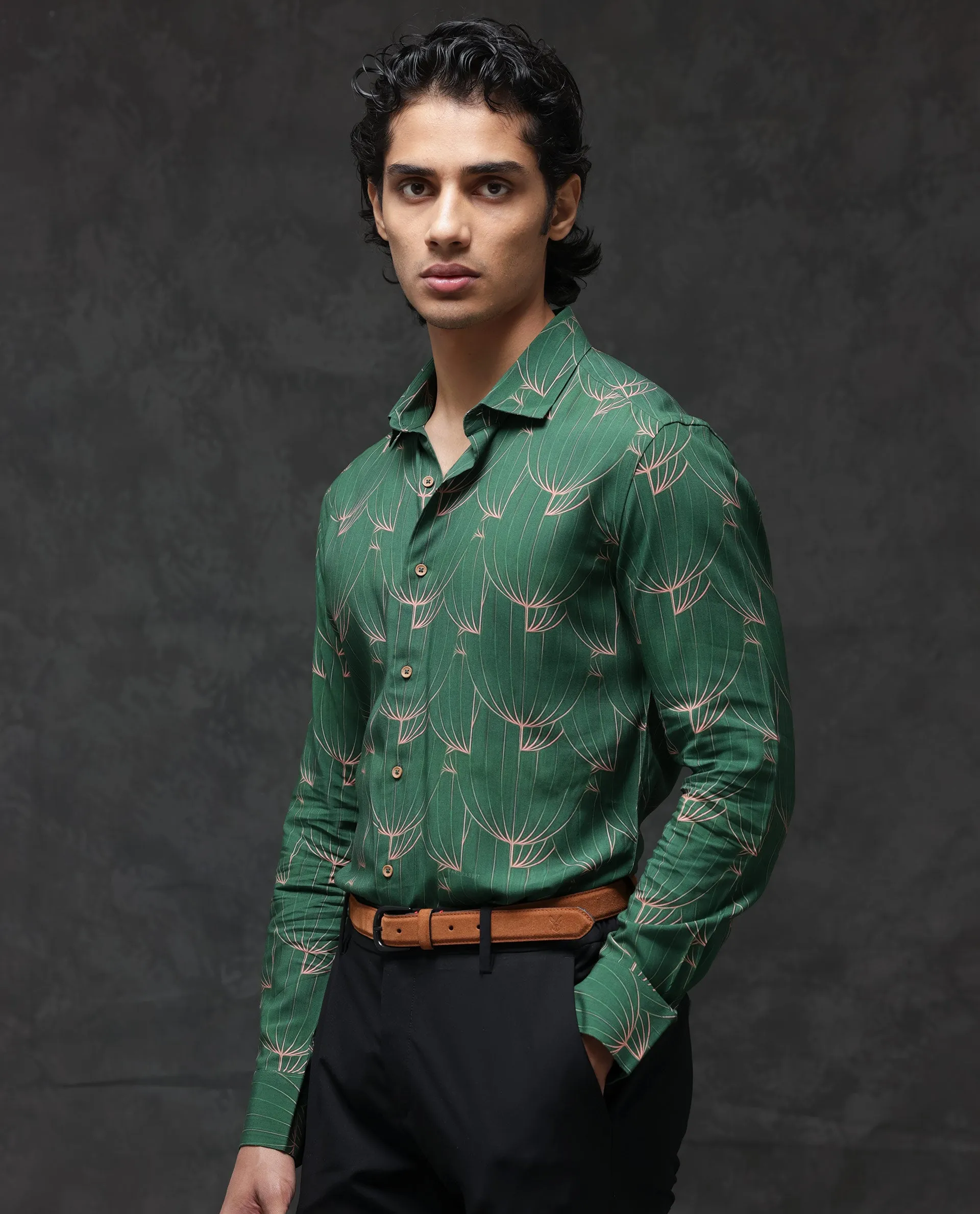 Rare Rabbit Men's Rasou Green Viscose Fabric Full Sleeves Tropical Print Shirt