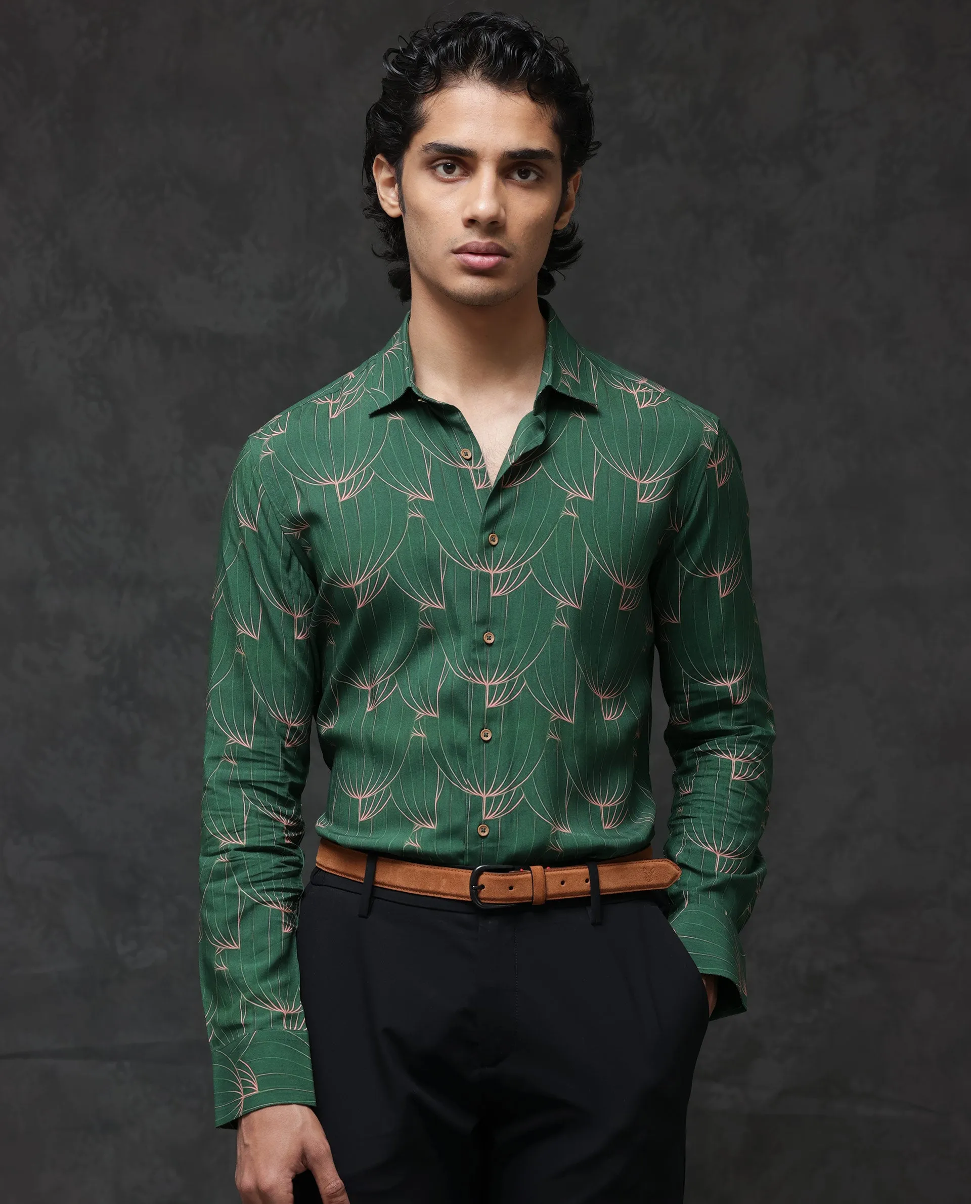 Rare Rabbit Men's Rasou Green Viscose Fabric Full Sleeves Tropical Print Shirt