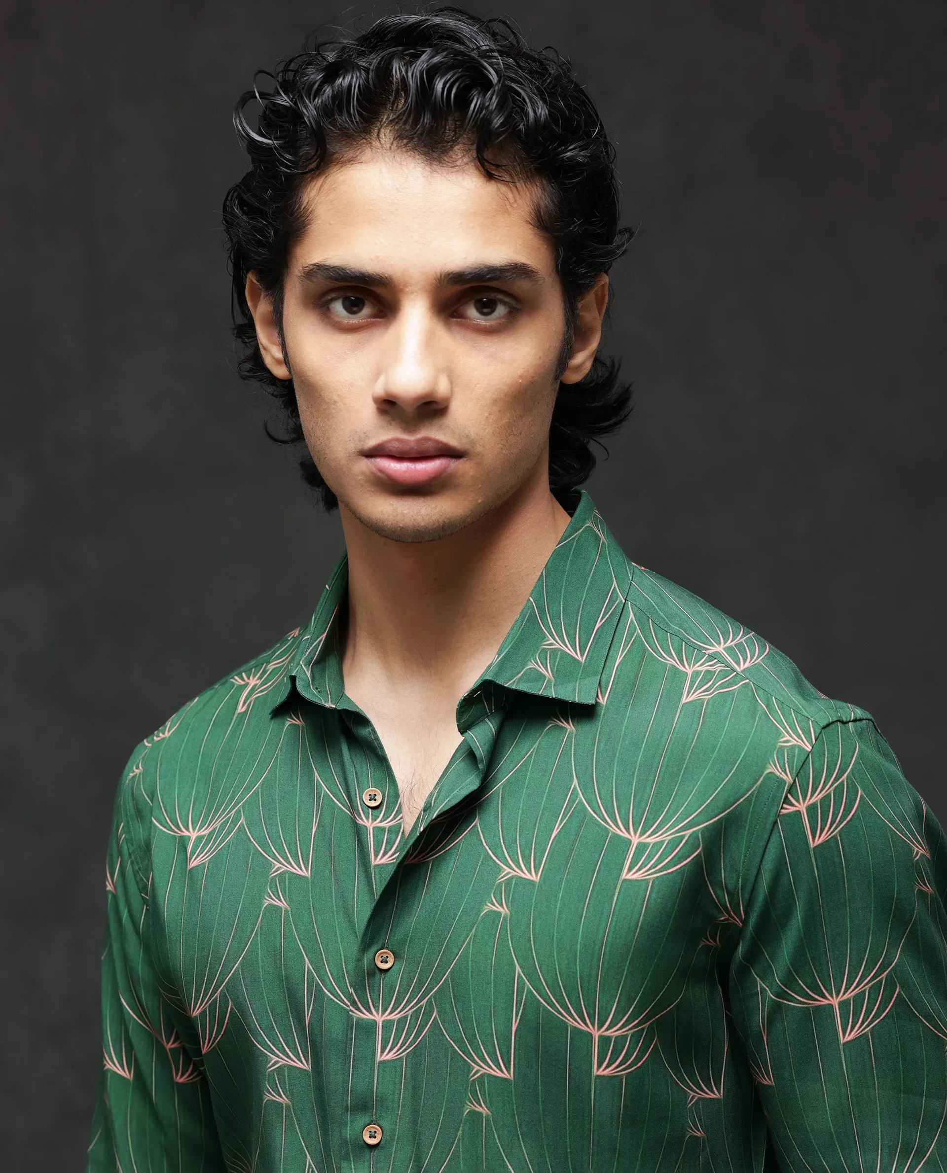Rare Rabbit Men's Rasou Green Viscose Fabric Full Sleeves Tropical Print Shirt