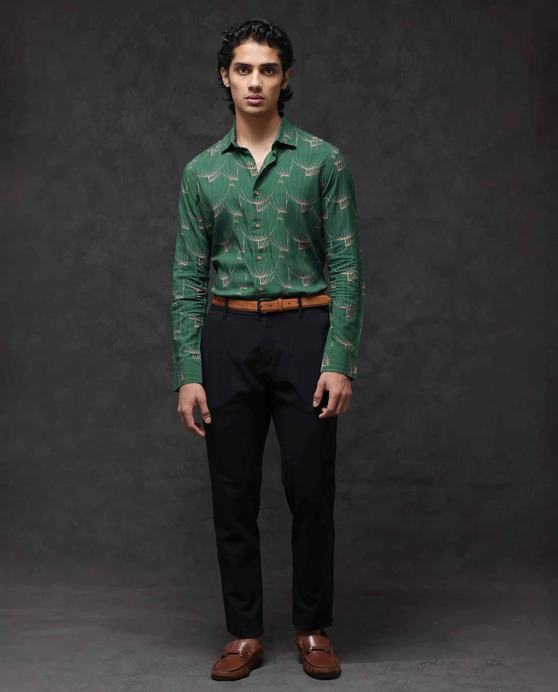 Rare Rabbit Men's Rasou Green Viscose Fabric Full Sleeves Tropical Print Shirt