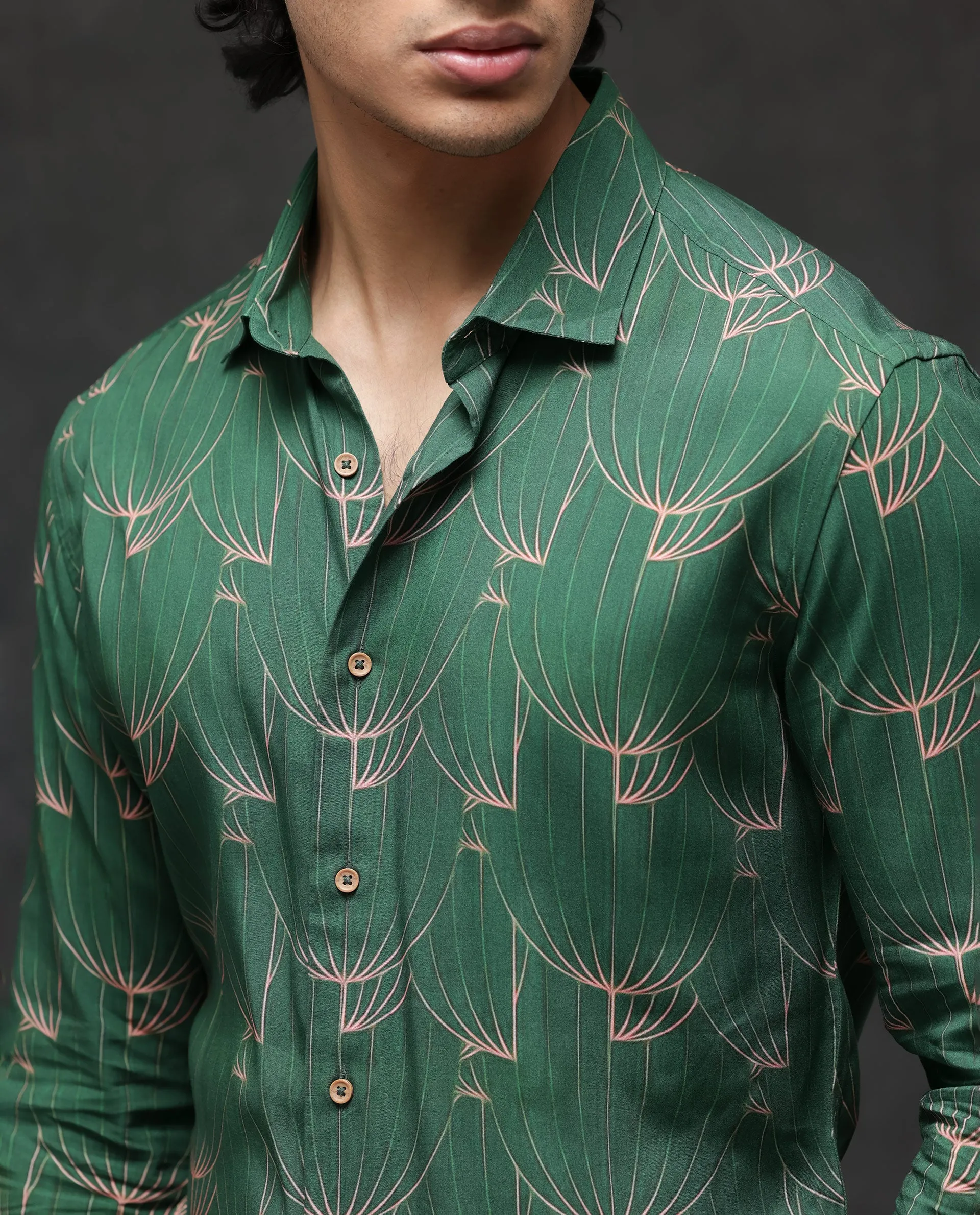 Rare Rabbit Men's Rasou Green Viscose Fabric Full Sleeves Tropical Print Shirt